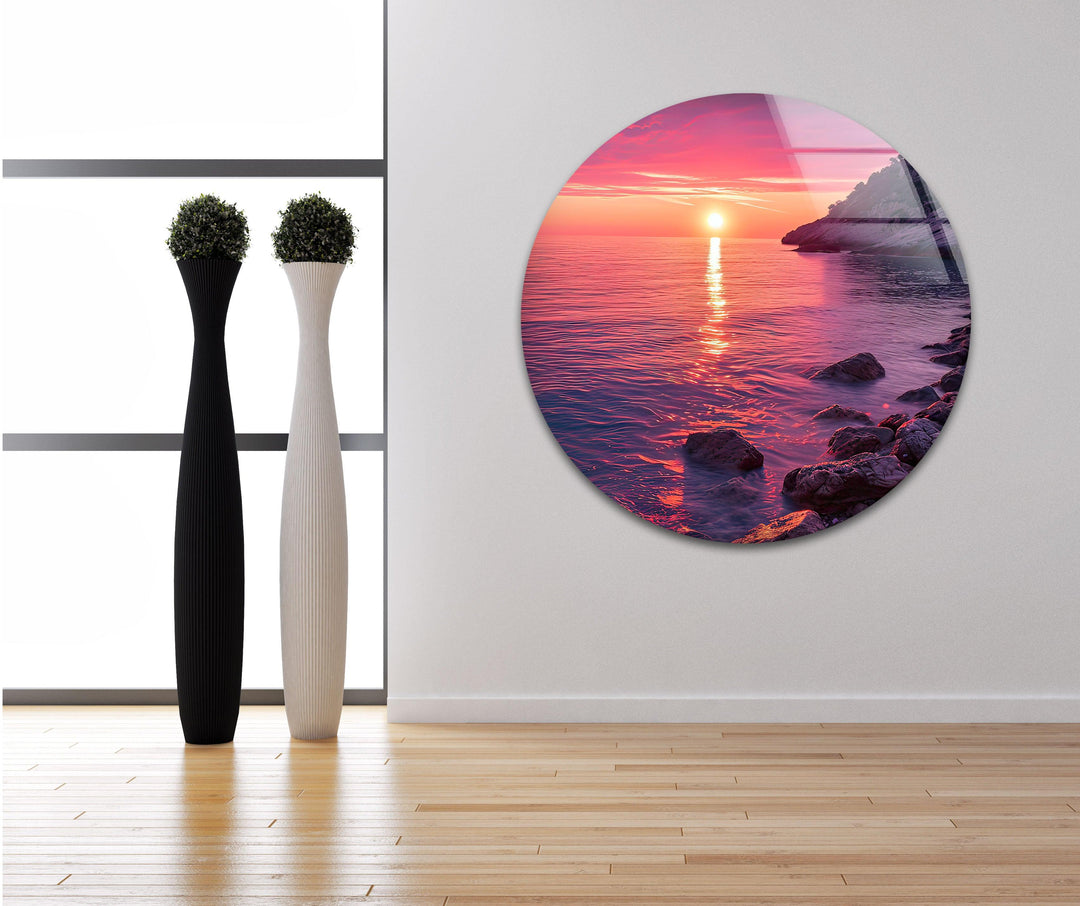 Pink Sunset Serenity Glaswandkunst: Ein traumhafter Küstenblick