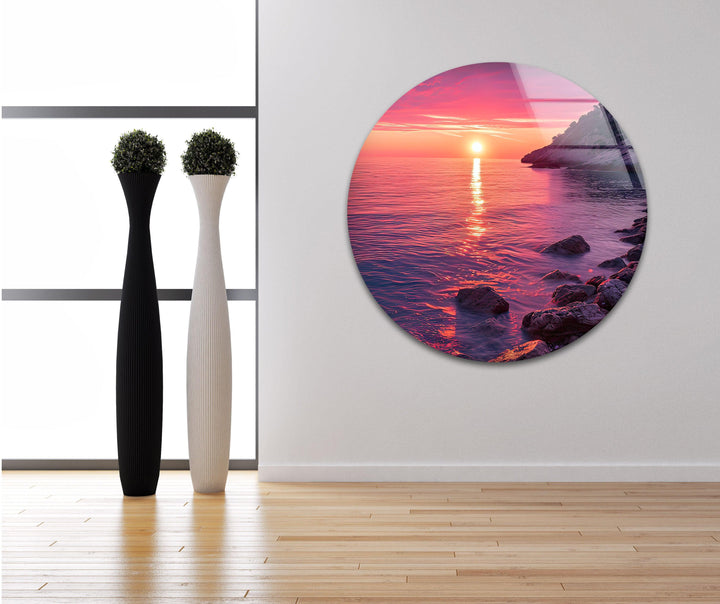 Pink Sunset Serenity Glaswandkunst: Ein traumhafter Küstenblick