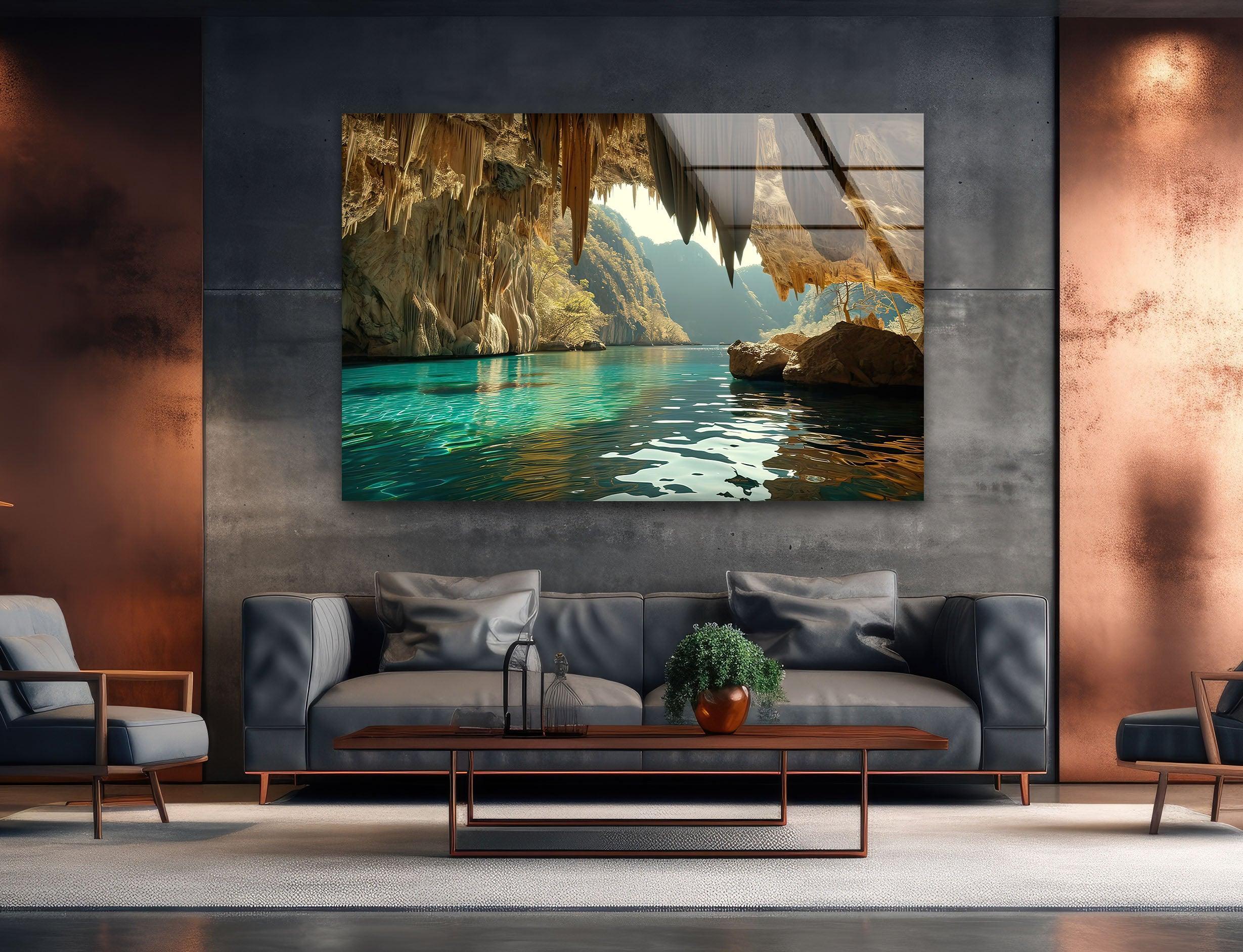 Hidden Cave Lagoon Glass Wall Art - Breathtaking Crystal Waters