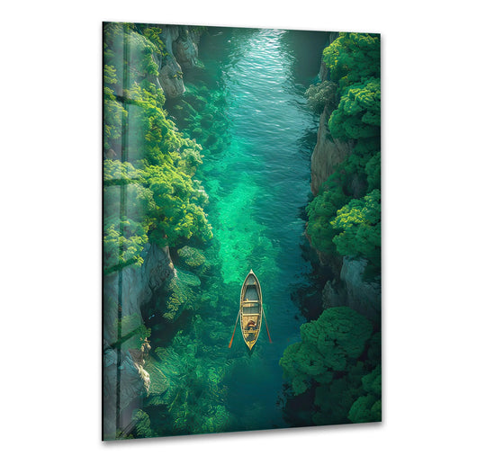 Subtle textural variations define the glossy surface of this emerald river escape glass hanging wall art, enhancing the depth of the tranquil river scene.