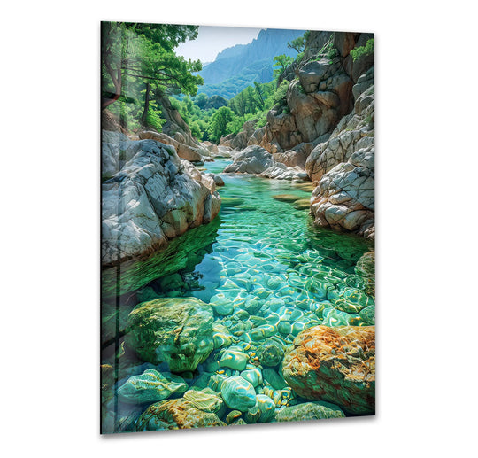 The mesmerizing transition between emerald and clear colors in this crystal clear canyon stream glass wall art decor creates a breathtaking, natural escape.