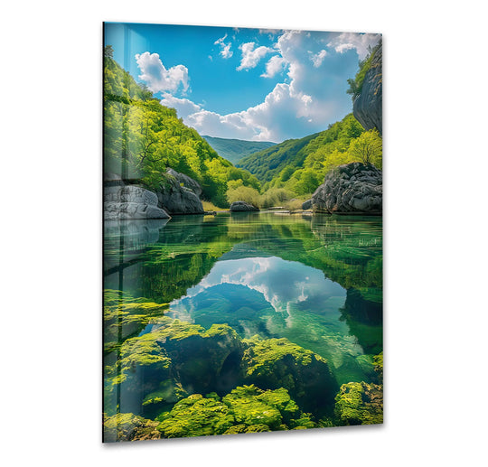 High-quality crystal clear lake glass shows a stunning print wall art effect, reflecting the lush nature scene with exceptional clarity and depth.