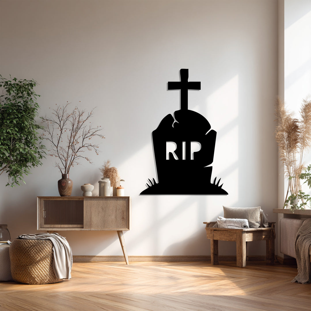 Graveyard themed metal wall art with cross and RIP