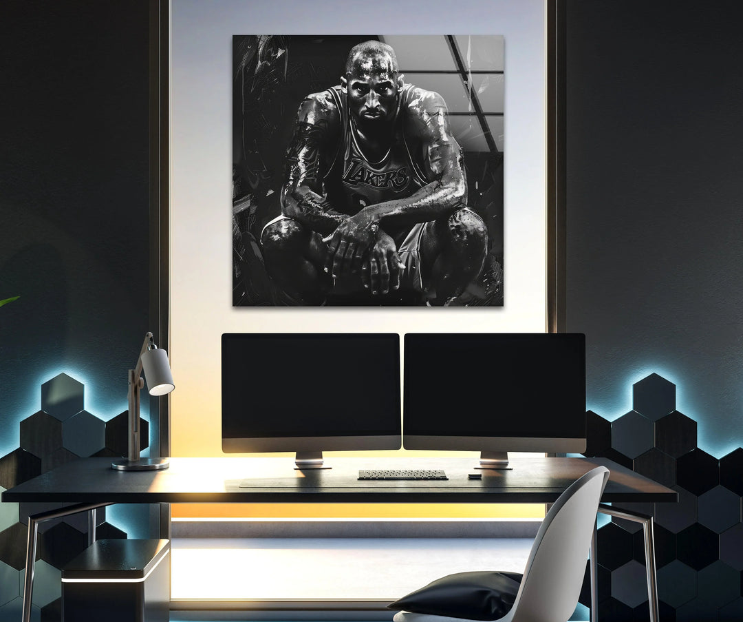 Monochrome abstract glass wall art featuring a determined basketball athlete highlighted with bold contrast.