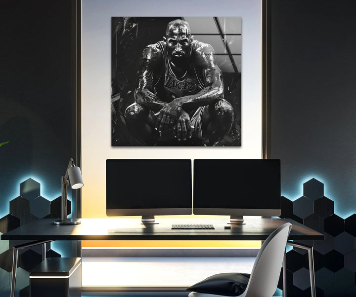 Monochrome abstract glass wall art featuring a determined basketball athlete highlighted with bold contrast.