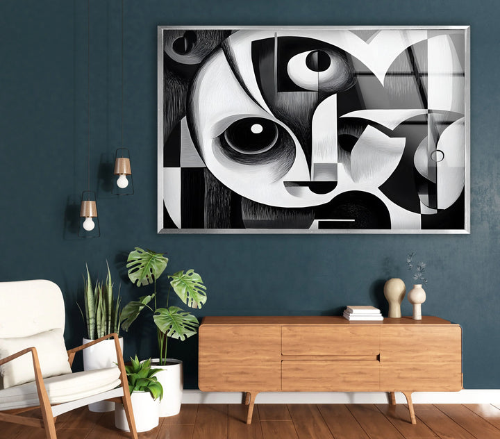 Modern abstract portrait on glass blending curved and angular shapes into a stylized face.