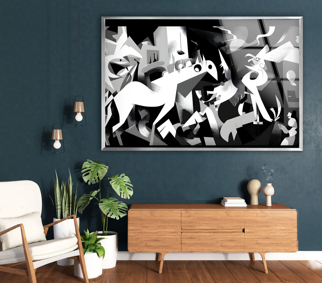 Black and white artistic glass print showcasing distorted horses in a modern abstract style.