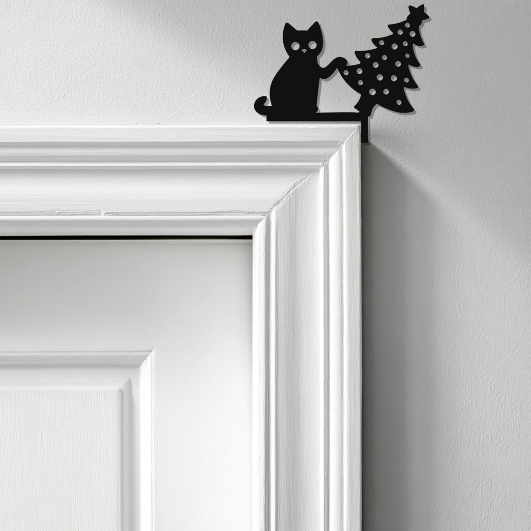 Festive cat and tree wall art metal decoration for holidays