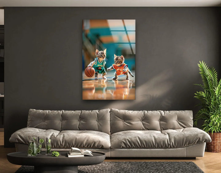 Cute basketball wall art on glass showing kittens dribbling and defending in colorful uniforms.