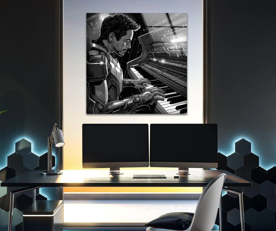 Alternating tonal contrast in this superhero wall art shows a compelling visual rhythm through the glass printing of Iron Man as a pianist.