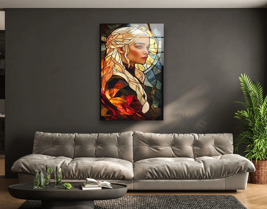 Golden hues dominate this stained glass female portrait print wall art, a unique piece that captures a profile view with warm and radiant tones.