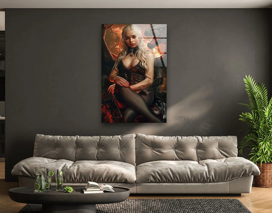 Dramatic color contrast highlights the fiery tones in this Fire Realm Queen with Dragon glass art painting, creating a bold and modern decor piece.