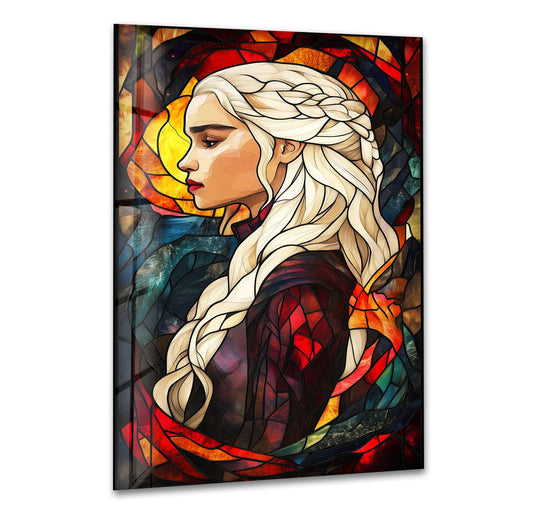 The realistic detail captures a stained glass royal profile, presenting unique art from glass that defines this striking glass wall art piece.