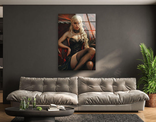 Daenerys Targaryen, the focal point of this flame realm queen portrait, commands attention as a stunning piece of glass wall art prints.