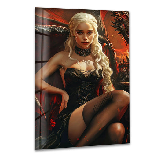 Gazing intensely, the focal point of the flame realm queen portrait displays exquisite glass art, rendered in rich red tones on glass wall art.