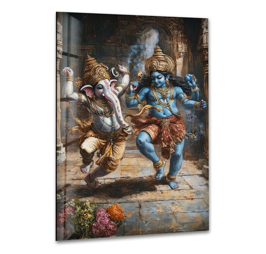 Religion glass wall art dancing deities plus Ganesh and Krishna with divine celebration decor featuring UV printing