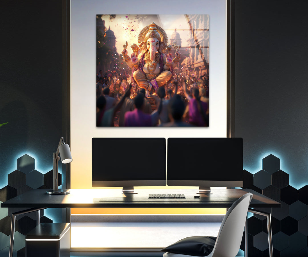 Ganesha Dancing Glass Wall Art custom glass photo prints, large glass prints
