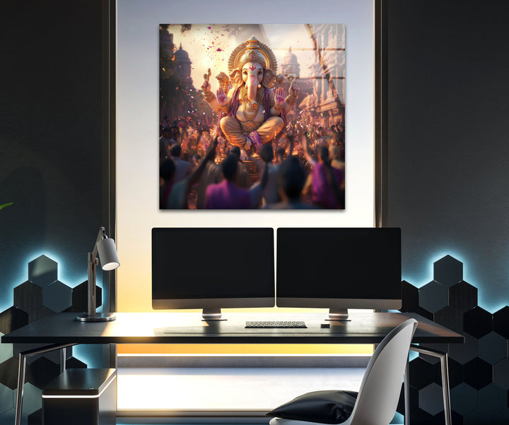 Ganesha Dancing Glass Wall Art custom glass photo prints, large glass prints
