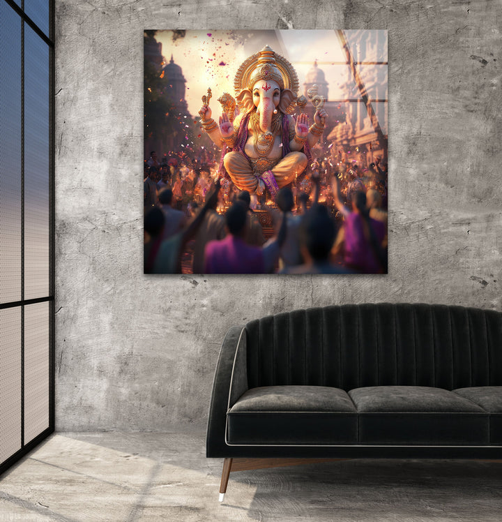 Ganesha Dancing Glass Wall Art photo print on glass, prints on glass wall art
