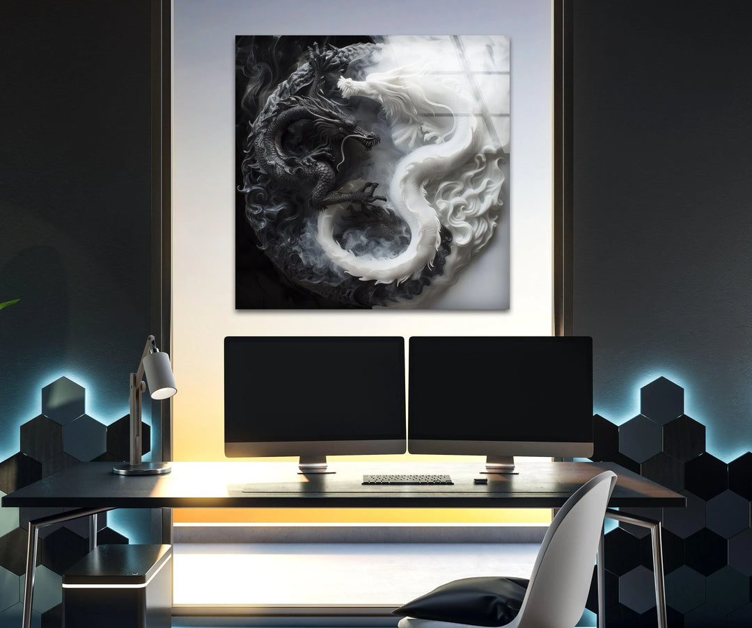 Atmospheric black and white dragon composition on glass with textured scales and swirling smoke.