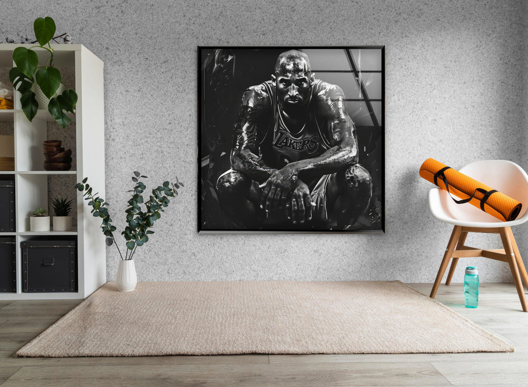 Moody black and white basketball-themed artwork on glass with deep shadows and textured abstract elements.