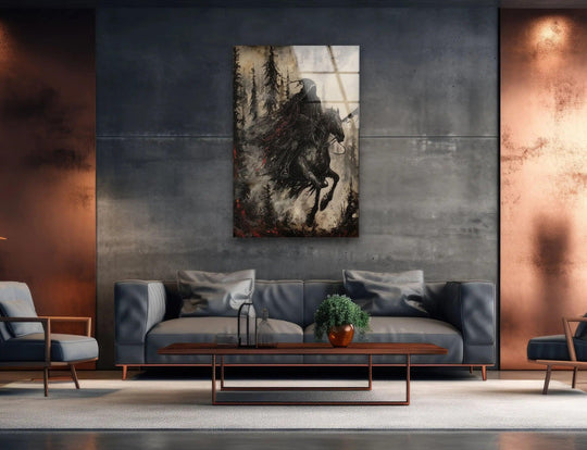 Striking color contrast emphasizes the dark forest rider against the lighter background in this moody abstract ink style glass wall artwork.