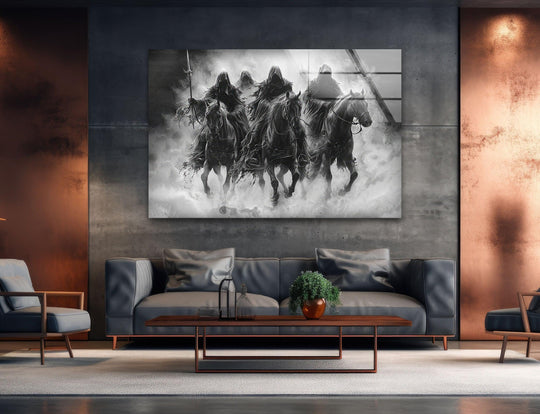 Black and white glass wall art featuring hooded riders on dark horses emerging through swirling mist.