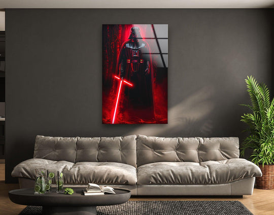 Soft light reflects off the tufted cushions of the taupe couch beneath a piece of Dark Futuristic Warrior With Red Blade decorative wall art.