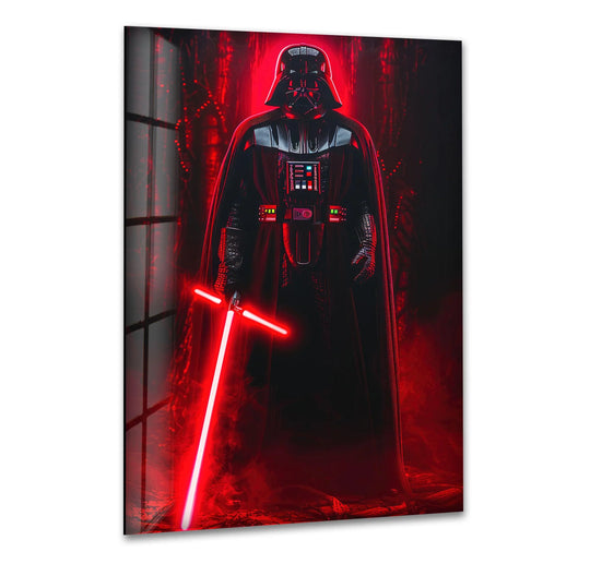 Dominantly red hanging wall art features a dark, futuristic warrior wielding a glowing red blade in a dramatic composition for a sci-fi aesthetic.
