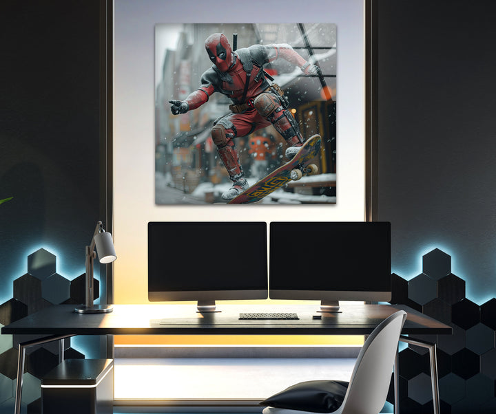 Deadpool Skateboarding Glass Wall Art print picture on glass, Tempered Glass Wall Art

