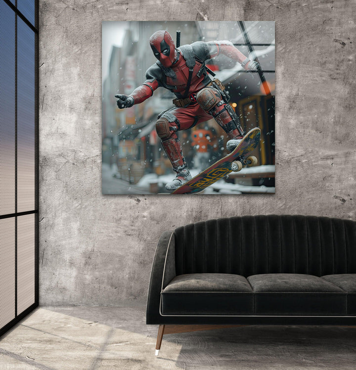Deadpool Skateboarding Glass Wall Art picture on glass wall art, photos printed on glass
