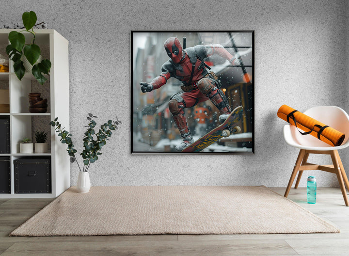 Deadpool Skateboarding Glass Wall Art print on glass, glass printed photos
