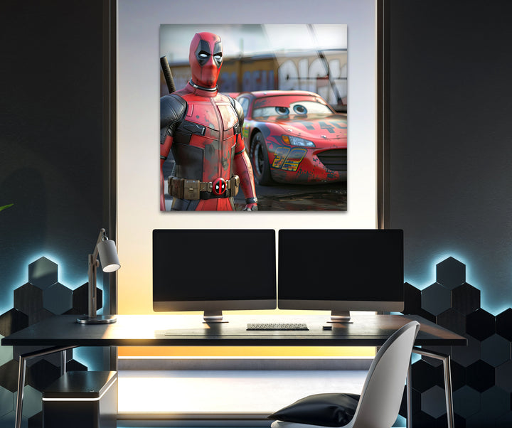 Deadpool Stands Next To McQueen Glass Wall Art glass photo prints, glass picture prints
