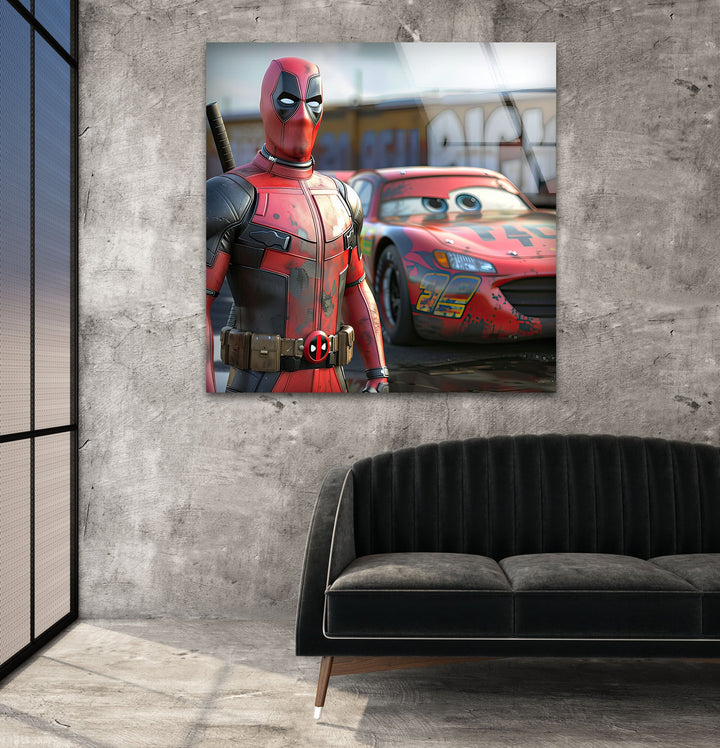 Deadpool Stands Next To McQueen Glass Wall Art art glass wall art, glass wall art pictures
