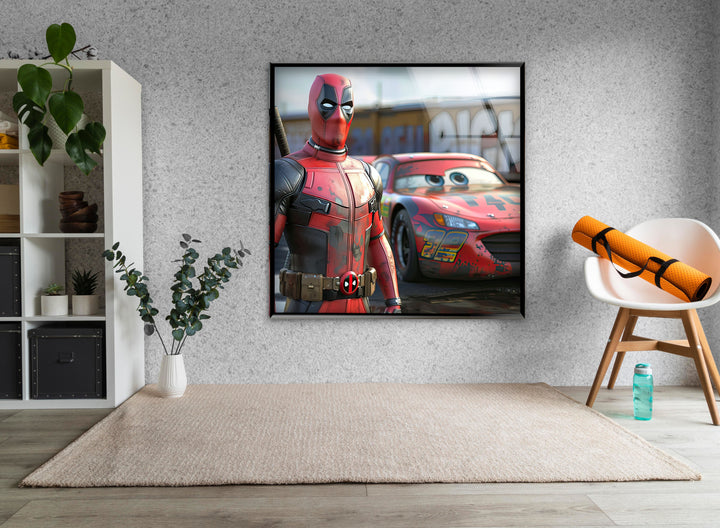 Deadpool Stands Next To McQueen Glass Wall Art Glass Printing Wall Art, Print photos on glass

