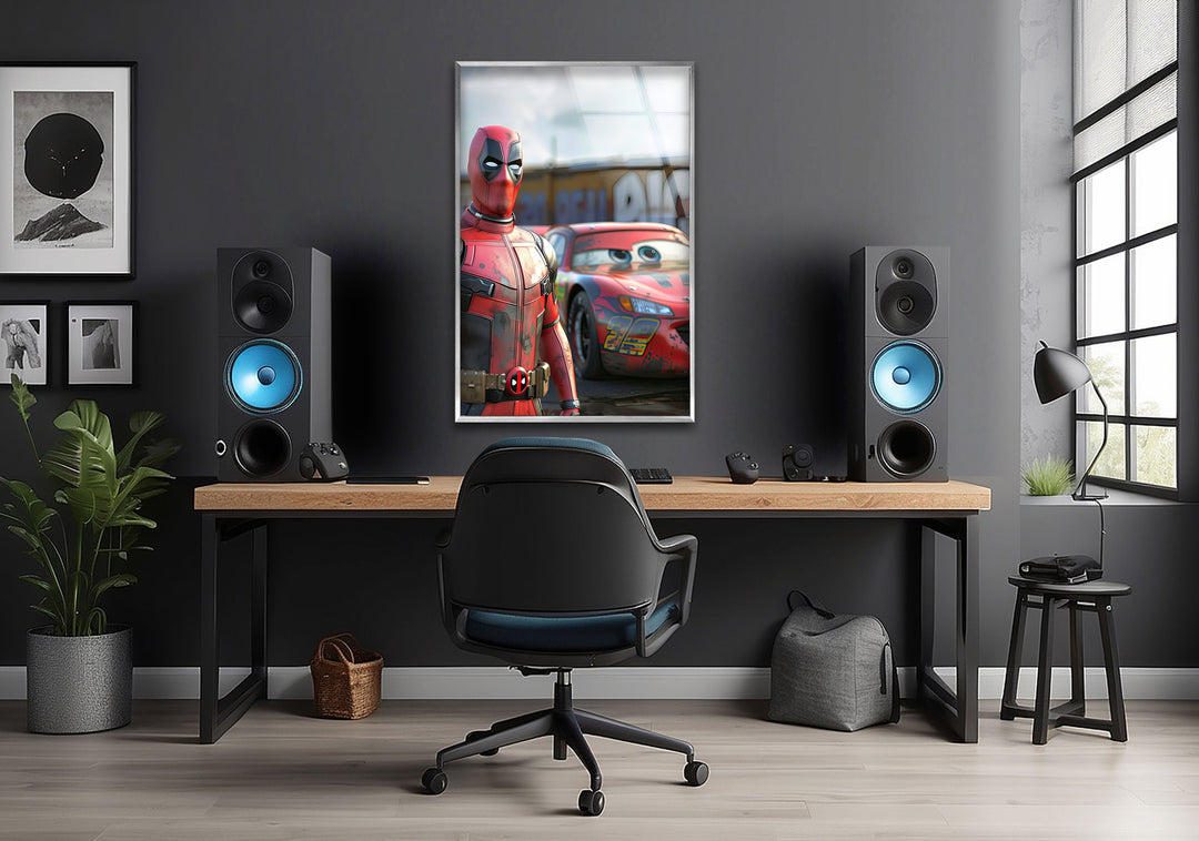 Deadpool Stands Next To McQueen Glass Wall Art glass image printing, glass prints from photos
