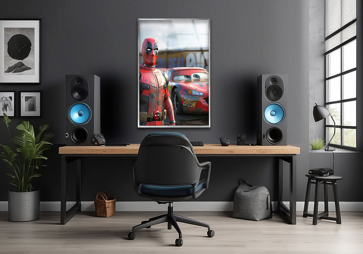 Deadpool Stands Next To McQueen Glass Wall Art glass image printing, glass prints from photos
