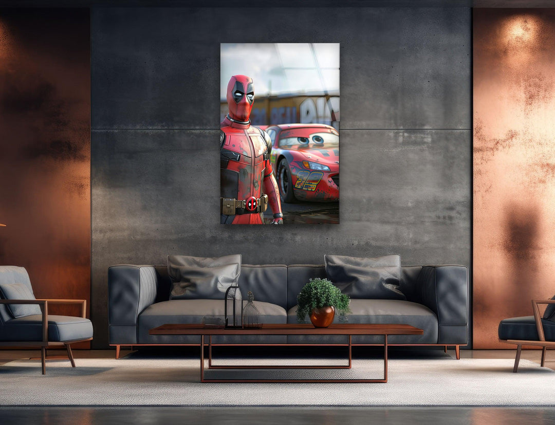 Deadpool Stands Next To McQueen Glass Wall Art glass pictures for Wall, glass prints wall art
