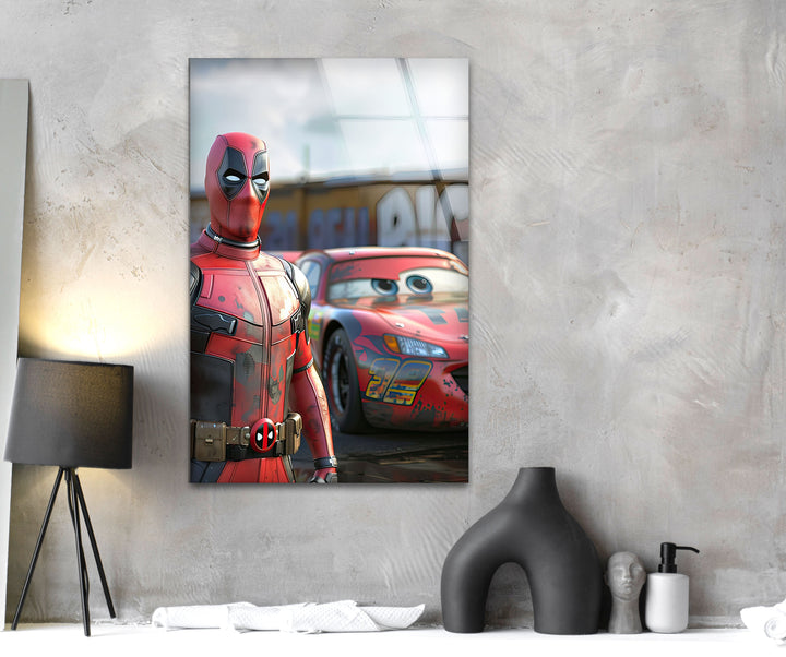 Deadpool Stands Next To McQueen Glass Wall Art custom glass pictures, glass art prints
