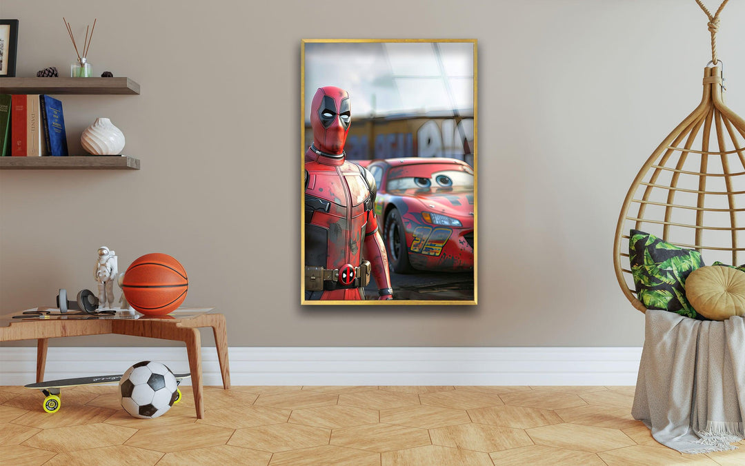 Deadpool Stands Next To McQueen Glass Wall Art photo print on glass, prints on glass wall art
