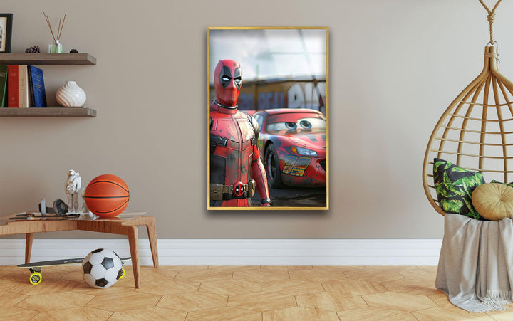 Deadpool Stands Next To McQueen Glass Wall Art photo print on glass, prints on glass wall art
