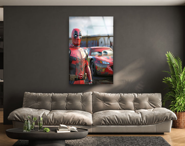 Deadpool Stands Next To McQueen Glass Wall Art glass art painting, glass art for the Wall
