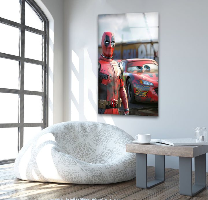 Deadpool Stands Next To McQueen Glass Wall Art large glass photo prints, glass wall photos

