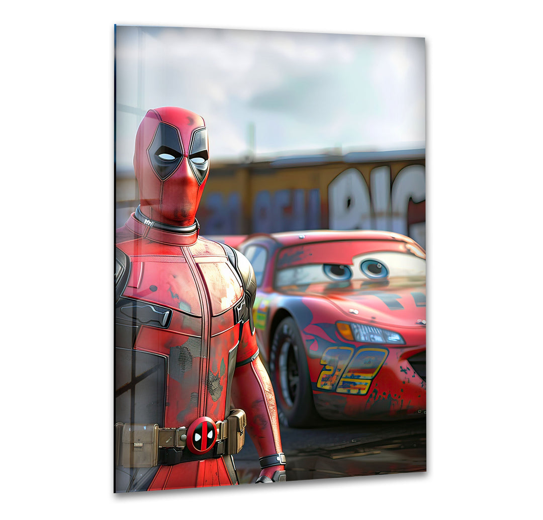 Deadpool Stands Next To McQueen Glass Wall Art stained glass wall art, stained glass wall decor
