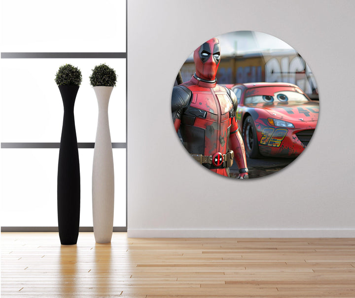 Deadpool Stands Next To McQueen Glass Wall Art custom glass photo prints, large glass prints
