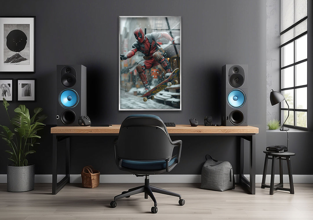 Deadpool Skateboarding Glass Wall Art glass wall decor, glass wall art decor
