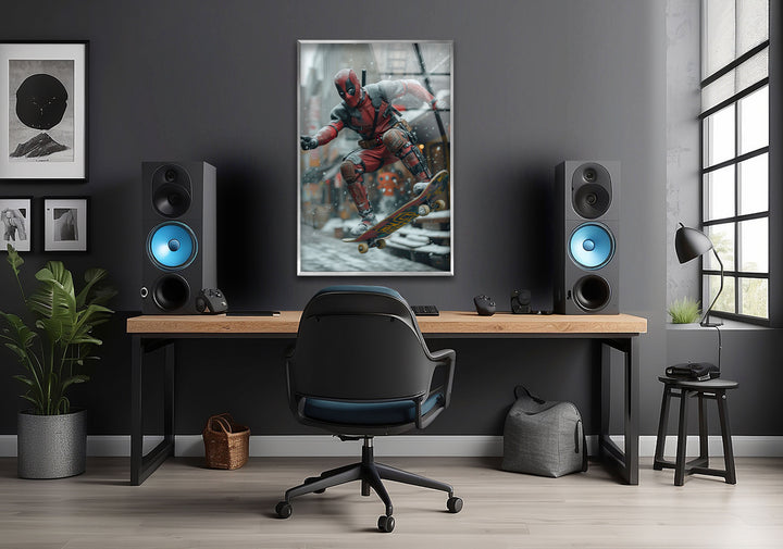 Deadpool Skateboarding Glass Wall Art glass wall decor, glass wall art decor
