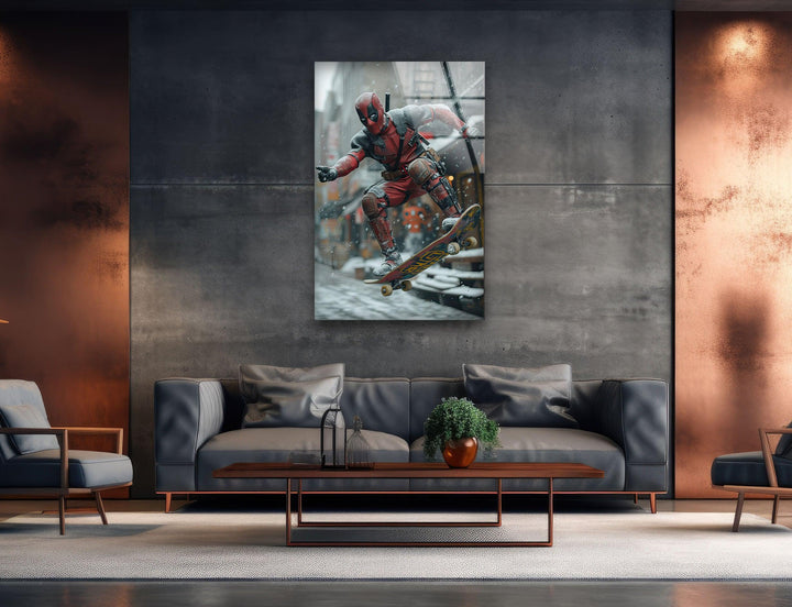 Deadpool Skateboarding Glass Wall Art stained glass wall art, stained glass wall decor
