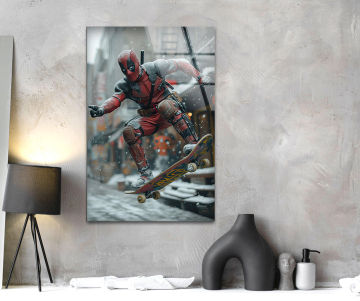 Deadpool Skateboarding Glass Wall Art glass art painting, glass art for the Wall
