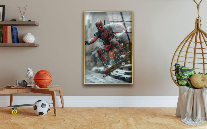 Deadpool Skateboarding Glass Wall Art  art glass wall art, glass wall art pictures
